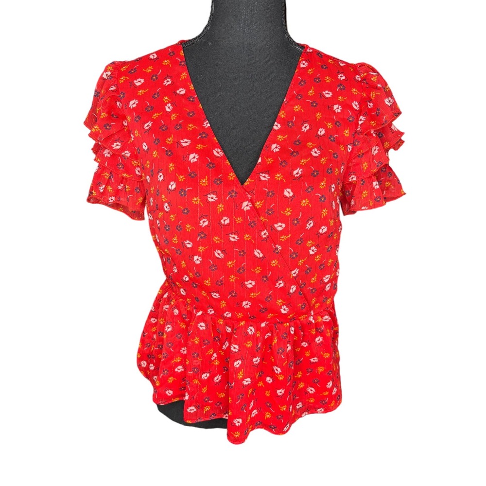 Madewell Tiered-Sleeve Peplum Top In Metallic Prairie Posies Red Floral Print 0